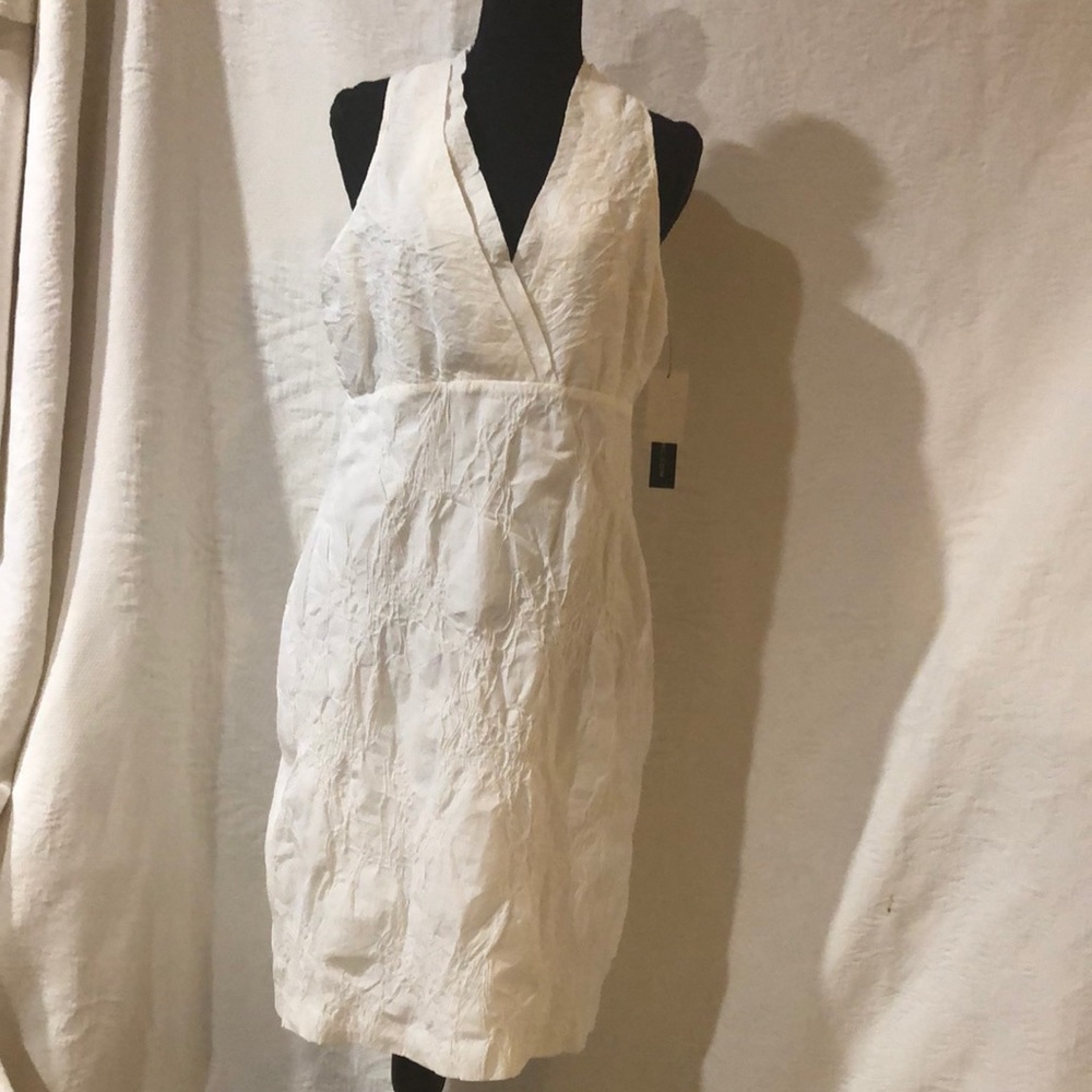 Andrew Marc white crinkle faux wrap sheath dress, size 12, NWT